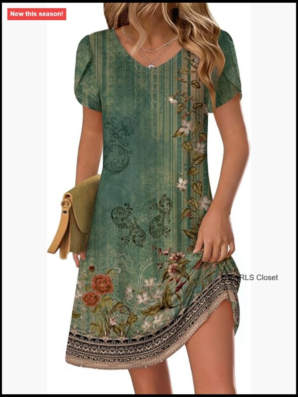 Polyester Spandex A-Line Mini Dress with Pockets V-Neck Short Sleeve - Picture 1 of 7